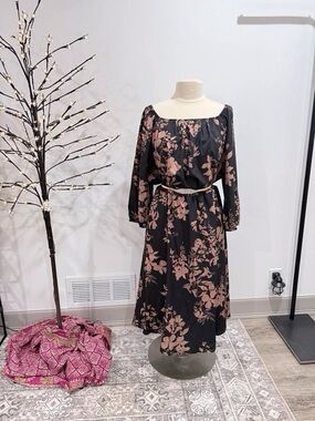 Black and Blush Floral Midi Skirt with Elastic Off-Shoulder Top